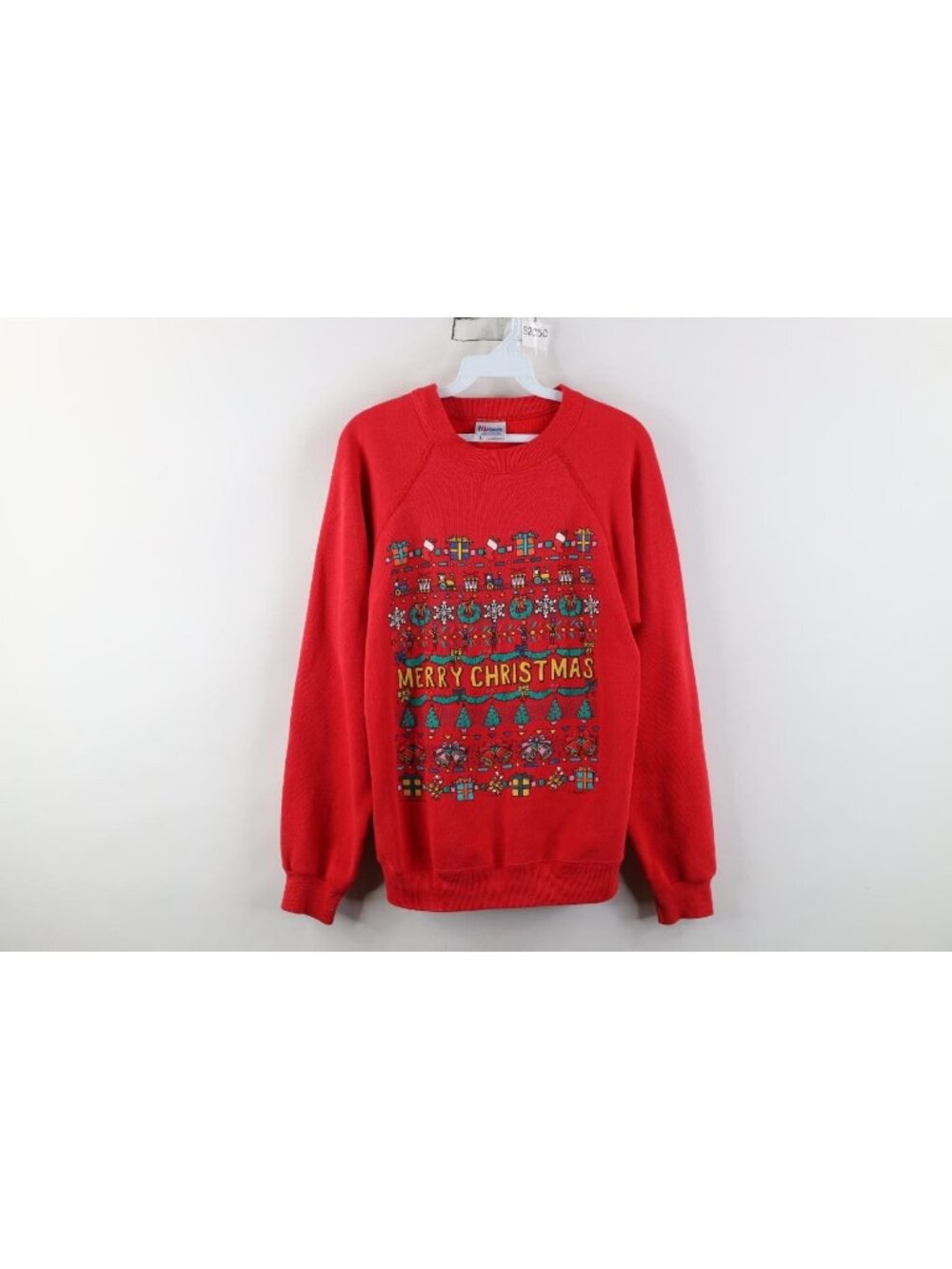 Vintage 90s Womens Large Faded Spell Out Merry Christmas Crewneck Sweatshirt USA